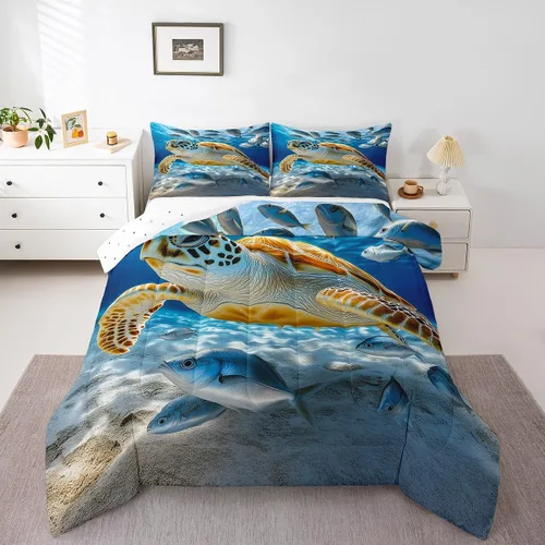 Vista 35 de Erosebridal Blue Ocean - Juego de edredón tamaño individual Juego de ropa de cama de ballena delfín y tortuga marina para niños y niñas, juego