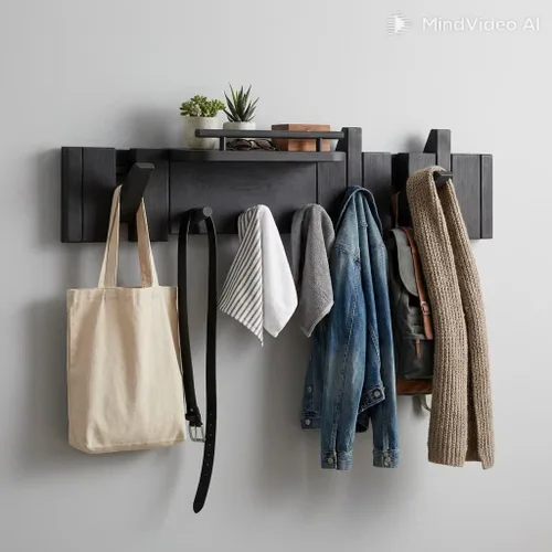 Vista 2 de Gancho plegable de nogal moderno de mediados de siglo con estante, ganchos de madera resistentes para toallas ocultos para baño, estante de pared