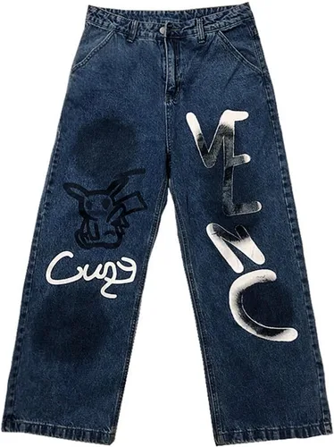Vista 5 de Y2K Jeans - Pantalones de mezclilla para hombre, estilo hip hop, vintage, grafiti, dibujos animados, anime, pantalones de mezclilla góticos, rectos