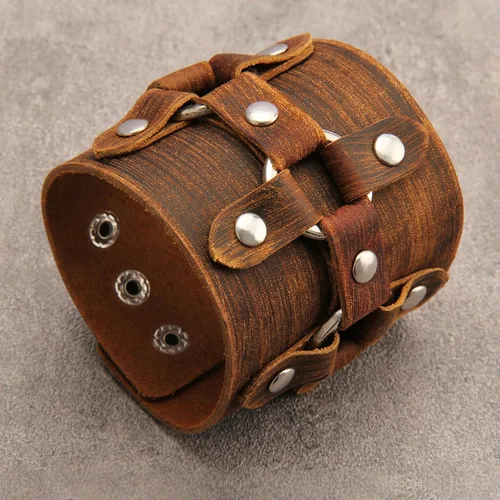 Vista 3 de Pulsera de cuero para hombre, brazaletes de cuero punk, pulsera de cuero negro para mujer