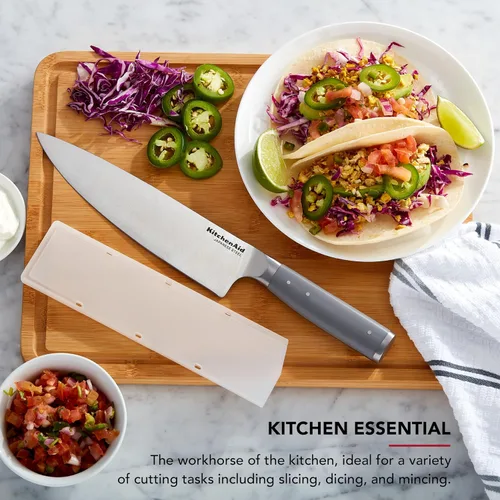 Vista 2 de KitchenAid Cuchillo de chef forjado gourmet con cubierta de hoja de ajuste personalizado, cuchillo de cocina afilado, hoja de acero inoxidable Gris