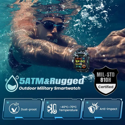 Vista 3 de Rogbid Relojes inteligentes militares para hombres, 2.06 pulgadas AMOLED IP68 impermeable Smartwatch para Android iOS, contestar/hacer llamadas