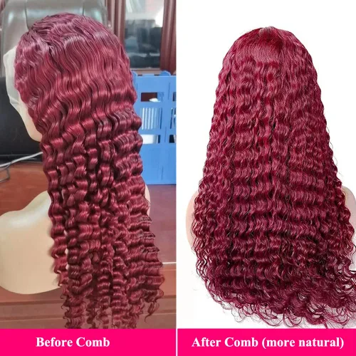 Vista 7 de Pelucas de encaje frontal burdeos para mujeres negras de 24 pulgadas 99J, ondas profundas, 13x4, encaje frontal transparente, sin pegamento, textura