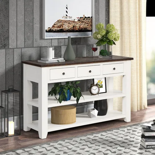 Vista 8 de RuiSiSi Mesa consola de 48 pulgadas con 3 cajones y 2 estantes, mesa de sofá de madera de granja para sala de estar, entrada, pasillo, color blanco