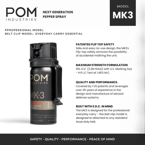 Vista 2 de POM MK3 Pepper Spray, Belt Clip Model, Maximum Police Strength OC with UV Marking Dye, Quick Flip Top Safety, 360° Performance At Any Angle
