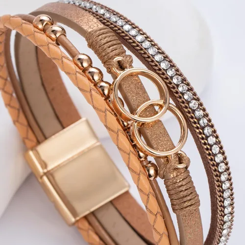 Vista 5 de FANCY SHINY Pulseras bohemias de cuero con cuentas doradas para mujer, apilables con cierre magnético