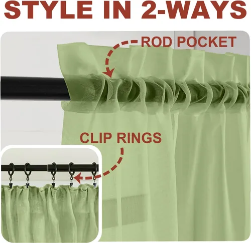 Vista 4 de YHSF Cortinas traslúcidas – Juego de 2 paneles para decoración del hogar – Elegantes cortinas de gasa sólida con bolsillo para barra para Verde