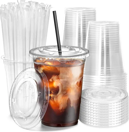 Vista 9 de Fit Meal Prep Paquete de 100 Vasos de Plástico para Café Helado de 12 oz con Tapas Planas y Pajitas Negras, Vaso Transparente Desechable, Vaso Libre