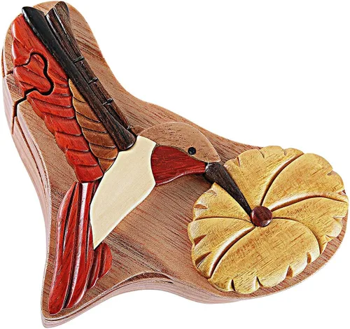 Vista 6 de Hummingbird & Flower - Caja de rompecabezas de Intarsia de madera natural, hecha a mano con compartimento secreto