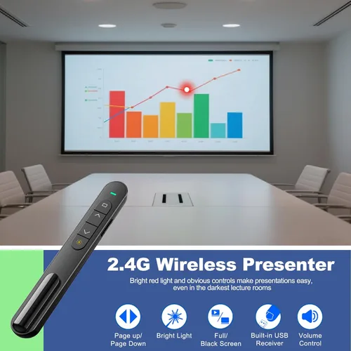 Vista 2 de QUI Clicker de presentación para PowerPoint, RF 2.4GHz USB Presentador inalámbrico remoto con Control de Volumen, Clicker de PowerPoint Avanzador