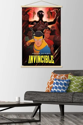 Vista 2 de Trends International Invincible - Póster de pared rojo de una hoja, 22.37 x 34.00 pulgadas, paquete de impresión premium y colgador de madera de haya