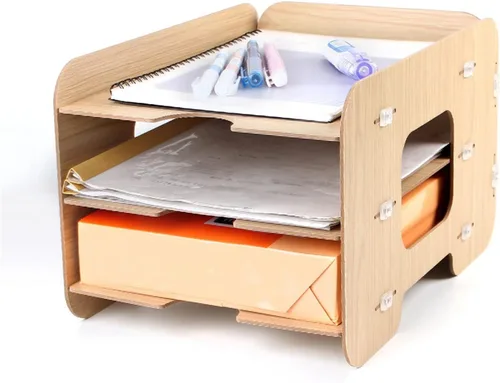 Vista 7 de File Rack File Rack A4 Paper Data Frame Wooden Desktop Organizer Multi-Layer Office Supplies Rack File Manager, 3 Layers File Organizer