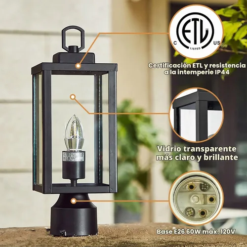 Vista 3 de Luces de poste para exteriores, lámpara de poste con enchufe E26, impermeable y antioxidante, moderna iluminación exterior de pilar, lámpara negra