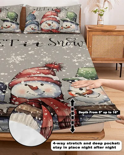 Vista 5 de Juego de sábanas bajeras de tamaño individual para colchón de bolsillo profundo de 5 a 16 pulgadas, diseño de muñeco de nieve suave de Navidad e