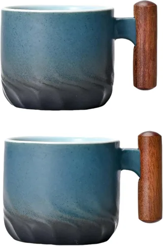 Vista 10 de Zurucily Juego de 2 tazas de espresso de 2 onzas, tazas de espresso de cerámica con asa de madera, tazas de té pequeñas Negro