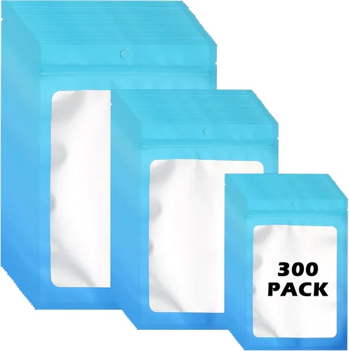 Vista 21 de 300 bolsas holográficas de mylar, 3 tamaños, bolsas a prueba de olores con ventana transparente, bolsas de papel de aluminio resellables