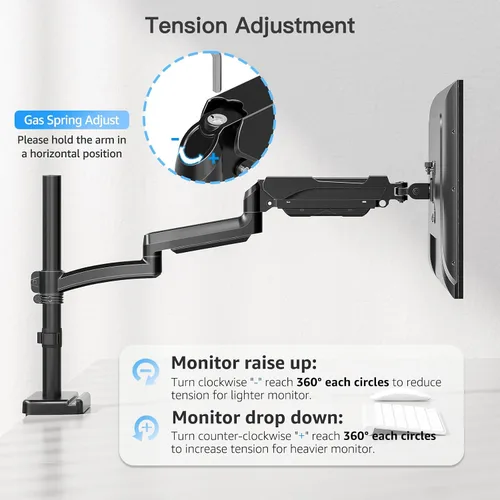 Vista 9 de MOUNTUP Brazo de monitor extra largo de 27 pulgadas, soporte de escritorio individual para 22-32 pulgadas, soporte alto para monitor con capacidad