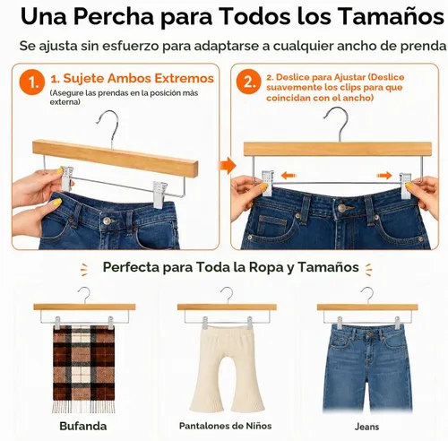 Vista 2 de HOUSE DAY Perchas de madera para pantalones con clips, paquete de 10 Natural