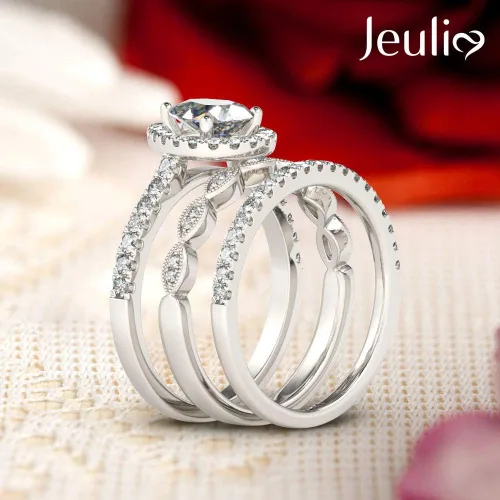 Vista 3 de Jeulia Juego de anillos de halo de corte pera, anillo de compromiso con forma de corazón CZ para mujer, plata de ley, diamante blanco, anillos