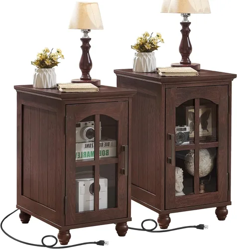 Vista 13 de Mesa auxiliar estrecha, mesita de noche estilo granja con estación de carga, mesa auxiliar de madera con puerta de granero de vidrio y Azul