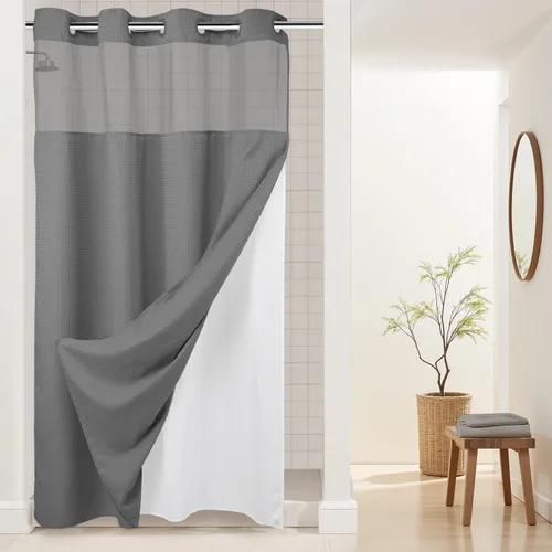 Vista 46 de Cortina de baño River Dream de gran peso sin ganchos necesarios con diseño de gofre punteado y forro a presión - 36W x 74H, de calidad hotelera