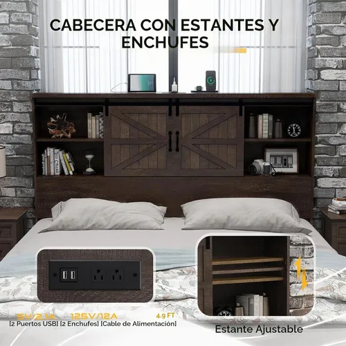 Vista 3 de HOWE Marco de cama de tamaño Queen con cabecera de estantería de 51.2 pulgadas, plataforma de madera con 2 cajones, puerta corrediza de granero