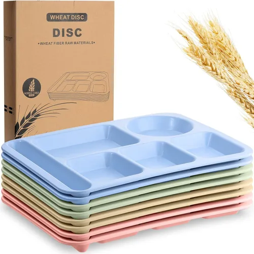 Vista 10 de Pinkunn 8 platos divididos irrompibles grandes de 14 pulgadas para niños y adultos, bandeja de paja de trigo apta para lavavajillas, microondas