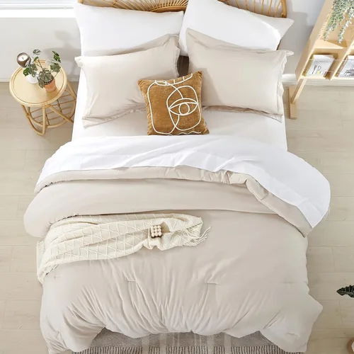Vista 3 de weigelia Juego de edredón individual de 5 piezas beige en una bolsa, suave juego de ropa de cama Queen ligero para mujeres y hombres
