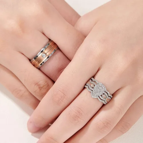 Vista 5 de Newshe Jewellery Juego de anillos de boda para él y ella, AAAAA, circonita cúbica, bandas de tungsteno para hombre y mujer, plata de ley 925, oro