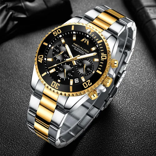 Vista 4 de MEGALITH Relojes para hombre, acero inoxidable, impermeable, analógico, de cuarzo, cronógrafo, de negocios, para hombres, fecha automática