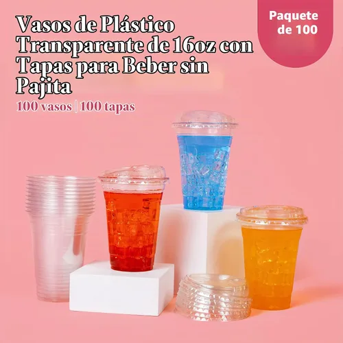 Vista 2 de Prestee 100 tazas de café helado desechables transparentes con tapas, 16 onzas, vasos de plástico con tapas sin pajilla, taza duradera