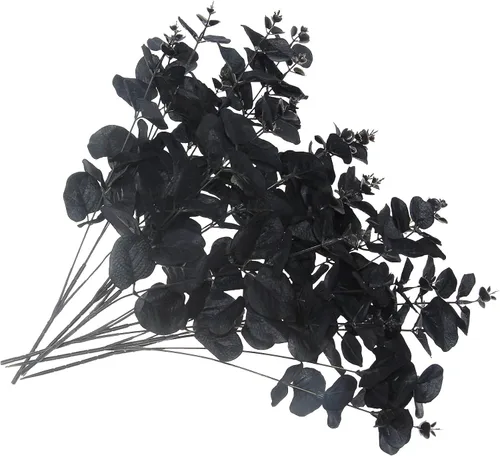 Vista 3 de Tinsow 5 tallos de eucalipto artificiales negros, ramas de eucalipto sintético, hojas negras, centro de mesa de Halloween, decoración del hogar