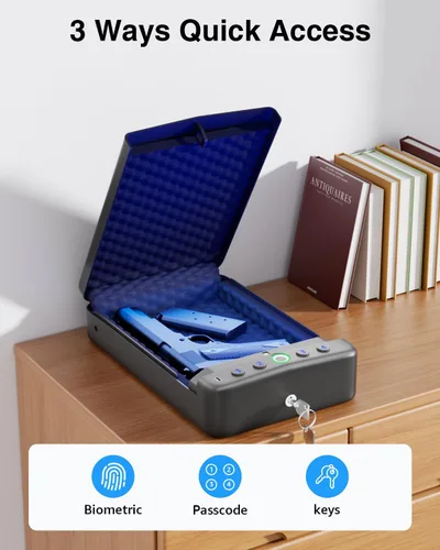 Vista 3 de Caja fuerte para pistola de mano pequeña biométrica, caja de seguridad portátil para pistola con acceso rápido por huellas dactilares, caja