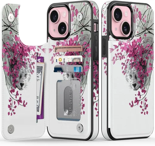 Vista 186 de FUNMIKO Funda tipo cartera para iPhone 15 con tarjetero + clip para efectivo, bloqueo RFID, protección contra caídas de grado militar y obras