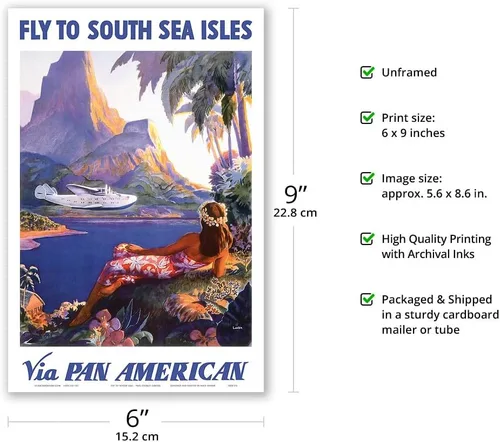 Vista 2 de Fly to South Seas Isles via Pan American Airways (PAA) Hawaii - Póster vintage de viaje de aerolínea por Paul George Lawler c.1940s - Impresión