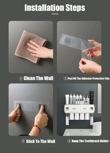 Vista 6 de Soporte para cepillos de dientes montado en la pared para baño y baño, kit de exprimidor de pasta de dientes doble automático, kit de exprimidor