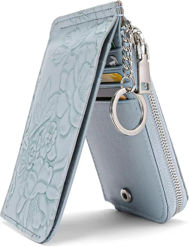 Vista 9 de GAEKEAO Cartera pequeña porta tarjetas de crédito para mujeres RFID de cuero delgada tipo pulsera con llavero y bolsillo con cremallera, Negro