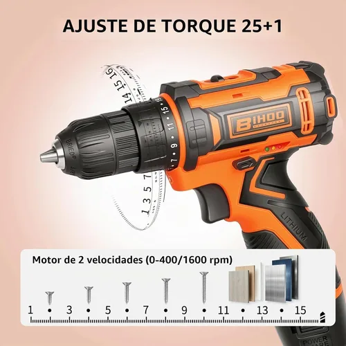 Vista 4 de Juego de Taladro Inalámbrico 12V, Kit de Taladro con Batería y Portabrocas sin Llave de 3/8 Pulgadas, 2 Velocidades Variables y 43 Piezas de Brocas
