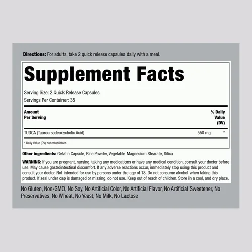 Vista 2 de Suplemento Piping Rock Tudca 550mg 70 Cápsulas Ácido taursodesoxicólico Sin OMG, sin gluten