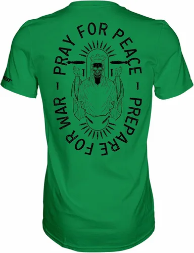 Vista 6 de Combat Iron Camiseta estampada de manga corta para hombre con texto en inglés "Pray for Peace, Prepare for War