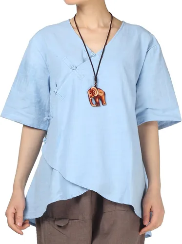 Vista 3 de Minibee Blusa de lino retro con botones de rana china para mujer