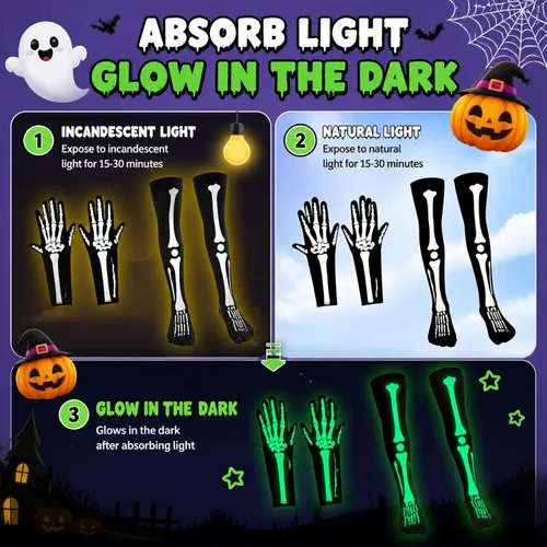 Vista 3 de Juego de medias y guantes de esqueleto luminosos de Halloween para fiesta y cosplay