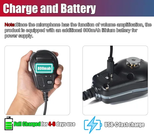 Vista 4 de PTT - Micrófono con cable para la aplicación ZELLO, compatible con iOS y Android con batería de 800 mAh, cable de carga, adaptador tipo C, soporte