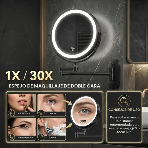 Vista 2 de Auxmir Espejo de maquillaje montado en la pared 1X/30X, espejo de aumento 8 in - negro
