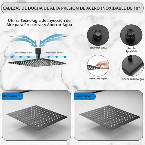 Vista 4 de Grifo de ducha negro mate de una sola función con válvula áspera, sistema de grifo de ducha de lluvia de baño, cabezal de ducha cuadrado de acero