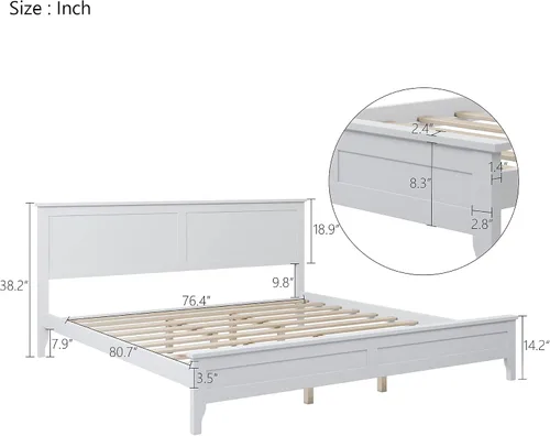 Vista 2 de Cama de plataforma tamaño King, marco de cama moderno de madera maciza, no necesita somier, color blanco