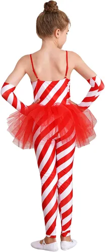 Vista 2 de Venjoe Disfraz de bailarina de caramelo de Navidad para niñas, diseño de rayas con volantes y falda