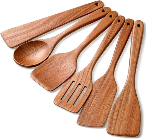 Vista 9 de Espátula de madera de acacia para cocinar cuchara no tóxica juego de 4 piezas