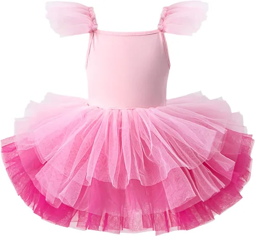 Vista 7 de Tutu.kk Vestidos tutú de baile para niñas, con mangas con volantes Rosa ballet