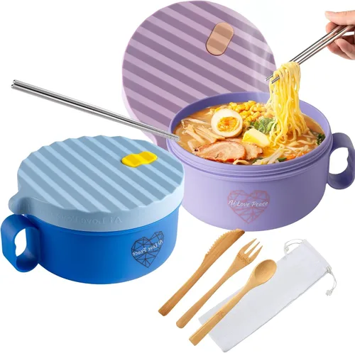 Vista 10 de Tazón de ramen para microondas de 40 onzas, olla de ramen con tapa, regalo de dormitorio universitario, color beige BPA Free